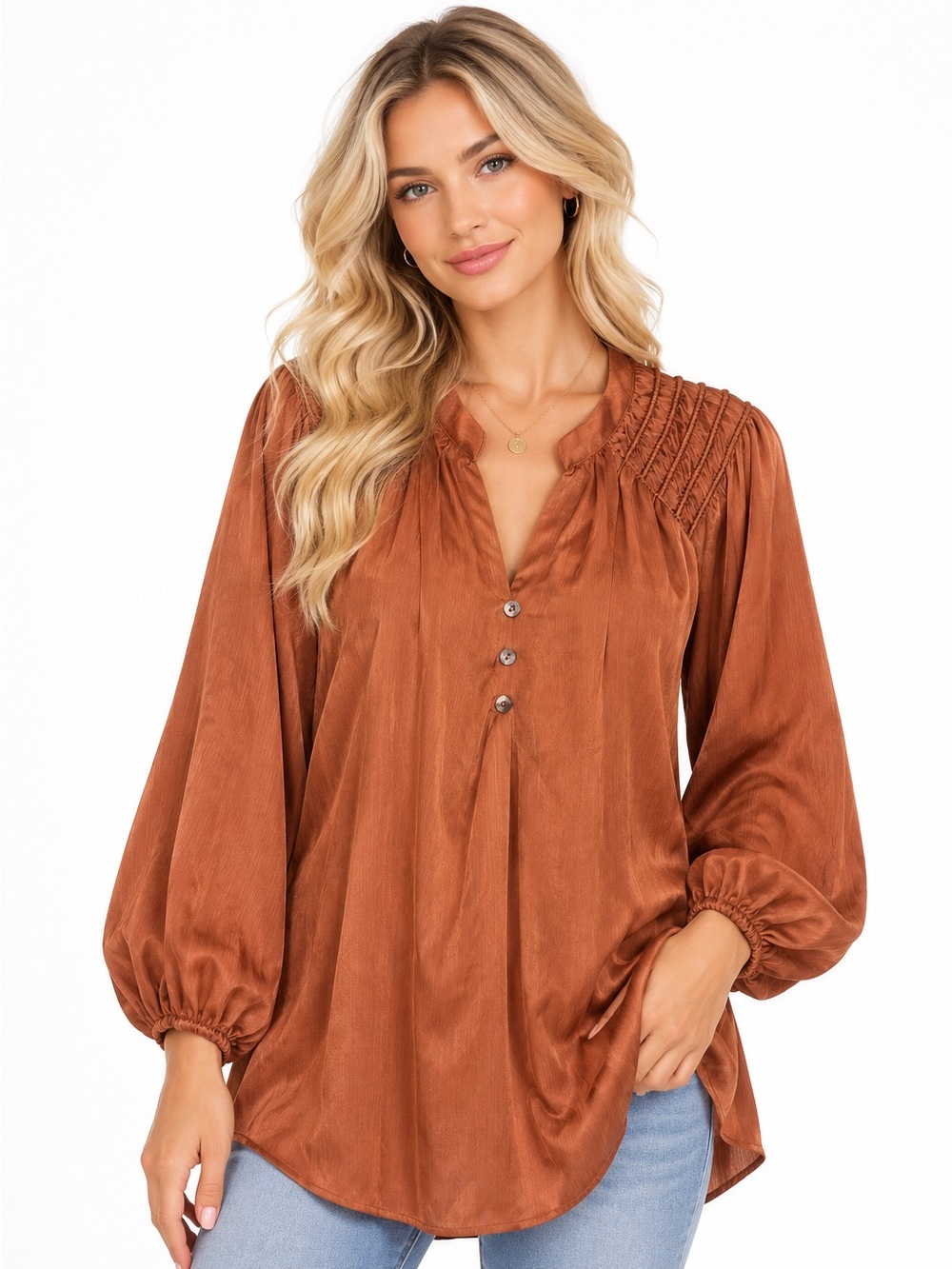 Entro Size Medium Woven Pintuck Peasant Blouse in Rust